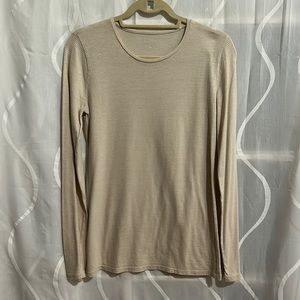 Ann Taylor, Tan With Gold Metallic Stripes, Long Sleeve Top, Size Med.